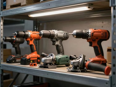 Construction tools arranged on warehouse shelving — drills, grinders, and hand tools, tungsten overhead lighting, industrial metal shelf, dark background