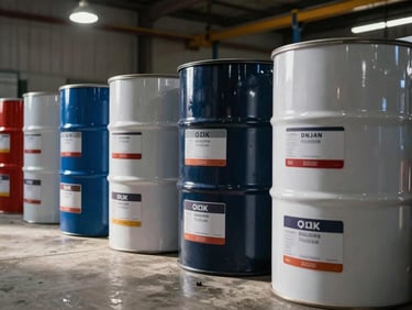 Paint buckets and coating drums lined in warehouse rows, industrial labels facing forward, tungsten overhead light casting hard shadows on concrete floor