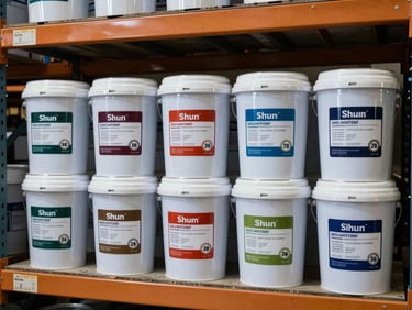 Stacked paint cans and five-gallon buckets on warehouse shelves, labels facing forward, tungsten light, industrial setting with visible product SKUs
