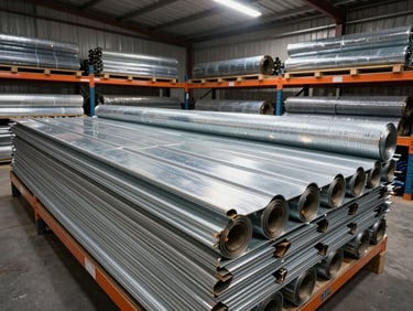 Stacked metal roofing sheets and rolls of roofing membrane on warehouse shelving, wide angle, overhead tungsten light, industrial storage setting
