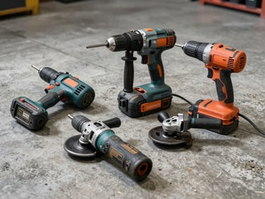 Heavy-duty construction power tools — drill, grinder, and impact driver — laid out on a concrete warehouse floor under hard tungsten light, tool casings showing jobsite use
