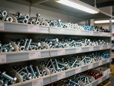 Organized hardware bins filled with bolts, nuts, anchors, and fasteners in a well-lit industrial supply warehouse, labels on each compartment, hard tungsten overhead light