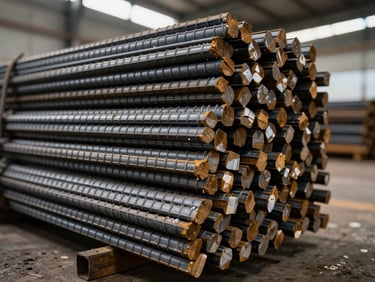 Tight shot of bundled steel rebar stacked in an industrial warehouse bay, hard overhead tungsten light, cut ends and bar markings visible, raw industrial detail