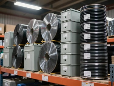 Electrical conduit, cable reels, and junction boxes stacked on warehouse shelving, hard overhead industrial light, organized by gauge and type with visible labels
