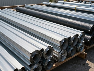 Roofing materials stacked in warehouse — metal sheets, rolled membrane, and ridge caps under hard tungsten light, wide shot showing depth of stock
