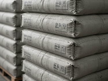 Close-up of stacked grey cement bags in a warehouse, stenciled labels visible, tungsten light raking across the surface showing texture and weight