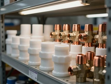 Rows of PVC and copper pipe fittings, valves, and plumbing connectors on warehouse racking, labels visible, tungsten overhead light, industrial supply setting