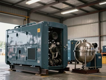 Heavy industrial equipment — compactors, generators, and mixers — parked in a large warehouse loading bay, hard tungsten and natural light from high bay doors