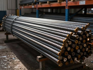 Steel reinforcement bars bundled in warehouse rack, tungsten overhead light glinting off metal surfaces, industrial shelving visible behind, deep shadows