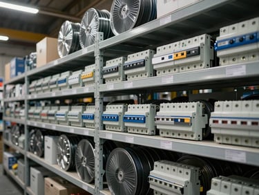 Shelves of conduit, cable reels, junction boxes, and breaker panels in a well-stocked electrical supply warehouse, hard overhead light, product labels clear