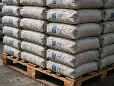 Close-up of cement bags stacked on warehouse pallet, hard tungsten overhead light, label visible, industrial floor, deep shadow