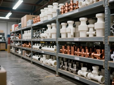 Plumbing pipes and fittings organized in warehouse aisle bins, PVC and copper sections labeled, overhead tungsten light, industrial concrete floor visible