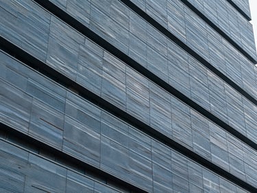 Architectural detail of a modern building facade with intersecting lines, emphasizing structure and resilience, cool diffused daylight.