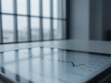 Close-up of a financial chart on a tablet, reflecting cool architectural lines from a window, desaturated blue and slate tones, sharp focus.