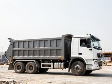 A heavy-duty diesel roll-off truck in motion, swapping a steel dumpster on an active construction site, overcast high-contrast sky, sharp details