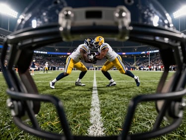 Wide-angle first-person POV shot from turf level, looking through the helmet grill at an oncoming defensive lineman shedding a block, harsh stadium floodlights casting long shadows.