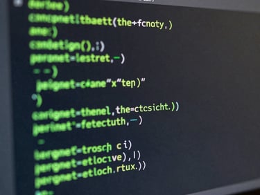 Macro shot of clean code structure on a dark monitor, glowing green syntax highlighting, shallow depth of field.