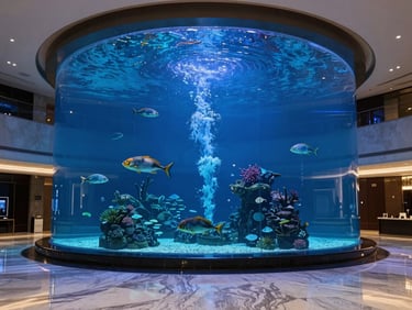 A double-height corporate lobby in DIFC Dubai, featuring a massive vertical cylindrical aquarium with vibrant marine life, polished marble floors reflecting soft blue light, 35mm