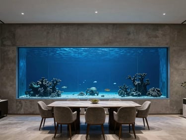 A wide environmental shot of a minimalist luxury villa dining room in Palm Jumeirah, featuring a massive six-meter marine aquarium integrated into a concrete wall, luxury interior photography, 35mm