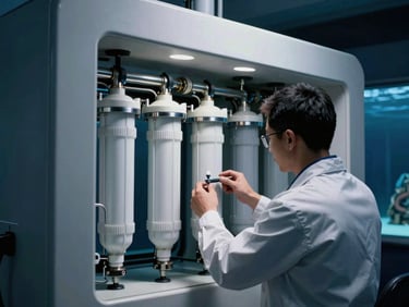 Close-up of a professional marine technician in a minimalist uniform calibrating a high-tech filtration system, clean architectural lines, sharp 35mm photography