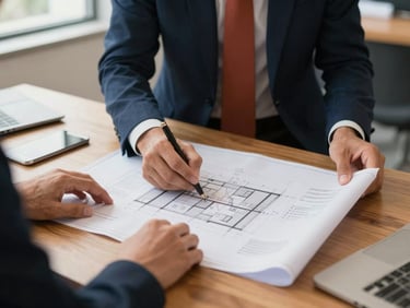 Warm corporate editorial photography of hands reviewing architectural blueprints on a wooden table in a San Isidro office, soft natural daylight, deep navy and terracotta accents, professional 35mm, sharp focus