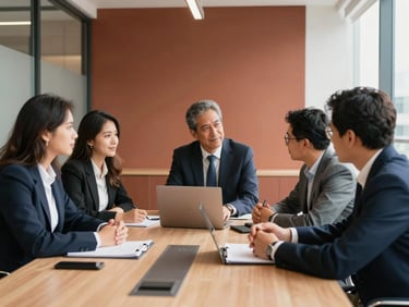 A professional team of architects and engineers collaborating around a meeting table in a modern corporate office in Lima, natural daylight, warm tones, 35mm
