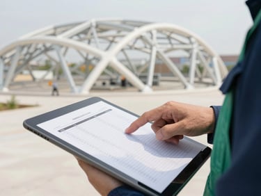 Close-up of an engineer's hand pointing at detailed structural calculations on a tablet, with a tensile membrane structure blurred in the background, bright natural daylight, technical aesthetic.