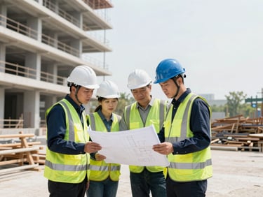 Engineers in safety helmets and vests reviewing blueprints on a construction site, focus on their discussion and the safety gear, bright natural daylight, architectural photography.