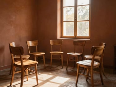 An empty circle of warm wooden chairs arranged in a cozy room, soft golden-hour light streaming through a large window casting long shadows, terracotta walls, peaceful and safe atmosphere