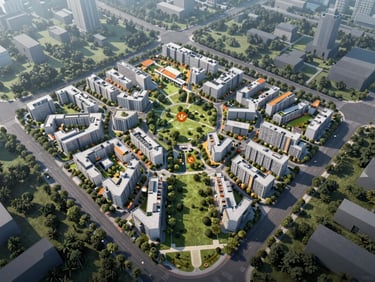 Crisp midday architectural layout of a 12-acre master plan, clearly marked plots, wide internal roads, and central green parks