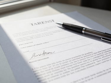 Close-up detail of a printed term sheet on a white desk, a pen resting diagonally across the document, natural window light from the upper left casting a soft shadow, focus on the signature line and financial terms, no faces visible