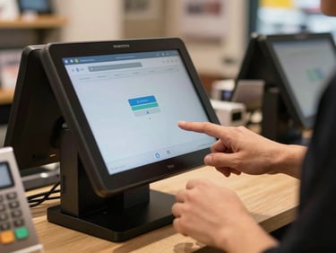 Close-up of hands operating a POS touchscreen terminal on a store counter, active transaction on screen, warm shop lighting, documentary style