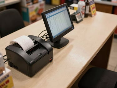 Overhead view of a checkout counter in a Ecuadorian tienda de barrio, receipt printer active, POS screen showing itemized sale, warm incandescent lighting above the register