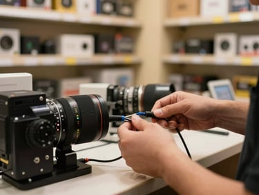 A technician's hands connecting cables behind a retail counter, store shelving visible in background, warm ambient shop lighting, close-up documentary framing