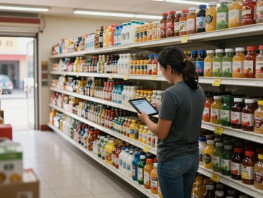 Wide shot of organized store shelves with labeled products in a mid-size Peruvian market, store owner reviewing inventory on a tablet screen, natural daylight from street entrance