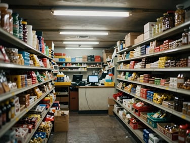 Wide environmental shot of a small Colombian market interior, product shelves stocked with goods, warm overhead fluorescent light, POS terminal visible at the counter mid-transaction, documentary style
