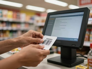 Close-up of hands scanning a product barcode at a retail counter, POS touchscreen visible in background showing transaction in progress, warm overhead lighting of a small Colombian grocery store