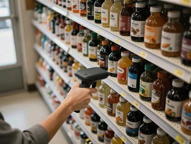 Overhead view of store shelves with labeled product rows and a handheld scanner mid-scan, natural daylight from a nearby window, real market environment