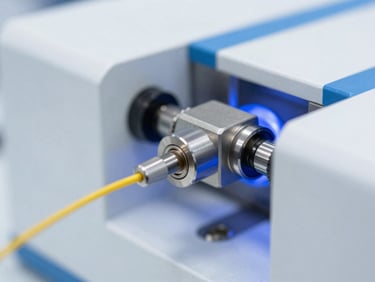 Close-up of high-precision fiber optic splicing equipment, technical blue ambient light, clean details, shallow depth of field