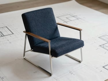 Architectural blueprint drawing of a lounge chair, technical drafting lines and millimeter measurements on clean paper.