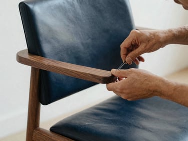 Close-up of a craftsman's hands hand-stitching premium dark leather onto a solid walnut chair frame, soft workshop daylight.