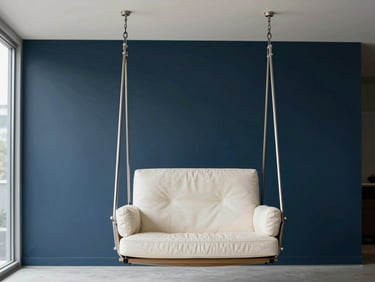 Premium swing chair suspended from a minimalist ceiling, brushed steel hardware, soft cream leather upholstery, soft architectural daylight.