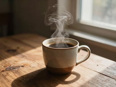 Warm low-angle morning sun streaming through a window onto a rustic wooden table with a steaming ceramic mug of coffee, shallow depth of field, rich earthy tones