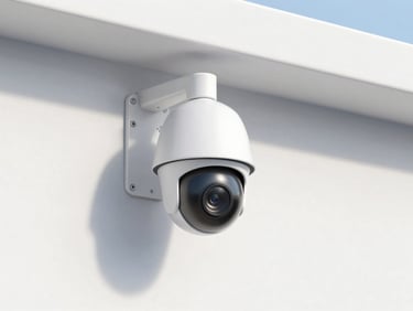 Modern high-definition dome security cameras neatly mounted on a clean exterior wall, straight-on shot, bright utility lighting, no people.