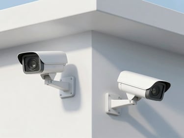 A straight-on medium-close shot of modern HD security cameras neatly mounted on a clean exterior wall, bright utility lighting, no people.