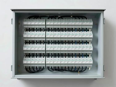 A straight-on medium shot of a pristine, modern electrical DB box with clean wiring and neatly labeled switches, bright utility lighting, no people.