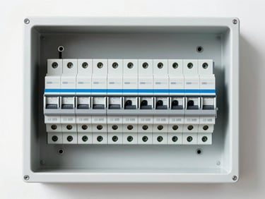 A pristine, clean modern electrical DB box with organized switches and labeled breakers, straight-on centered shot, realistic colors, no people.
