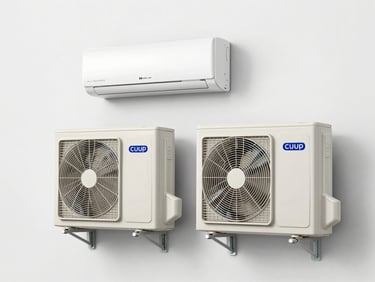 An indoor wall air-conditioning unit and outdoor compressor together, clean modern installation, bright realistic utility lighting, no people.
