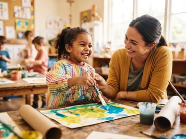 Warm editorial photography of a child smiling while painting with a supportive educator, bright natural daylight, vibrant high-contrast tones, authentic human connection, 35mm lens.