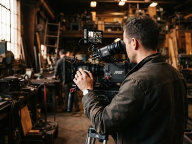Behind-the-shoulder perspective of a camera operator adjusting focus on a high-end cinema camera, warm side-lighting, deep coffee-brown tones, 35mm film grain, raw industrial background.